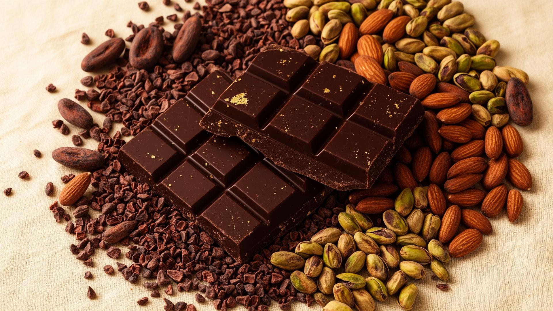 Organic dark chocolate bars broken into pieces with cacao beans, almonds and pistachios