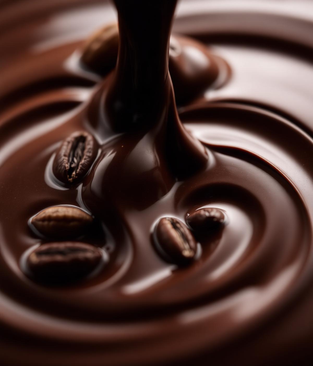 Smooth dark chocolate ganache swirling with cacao beans